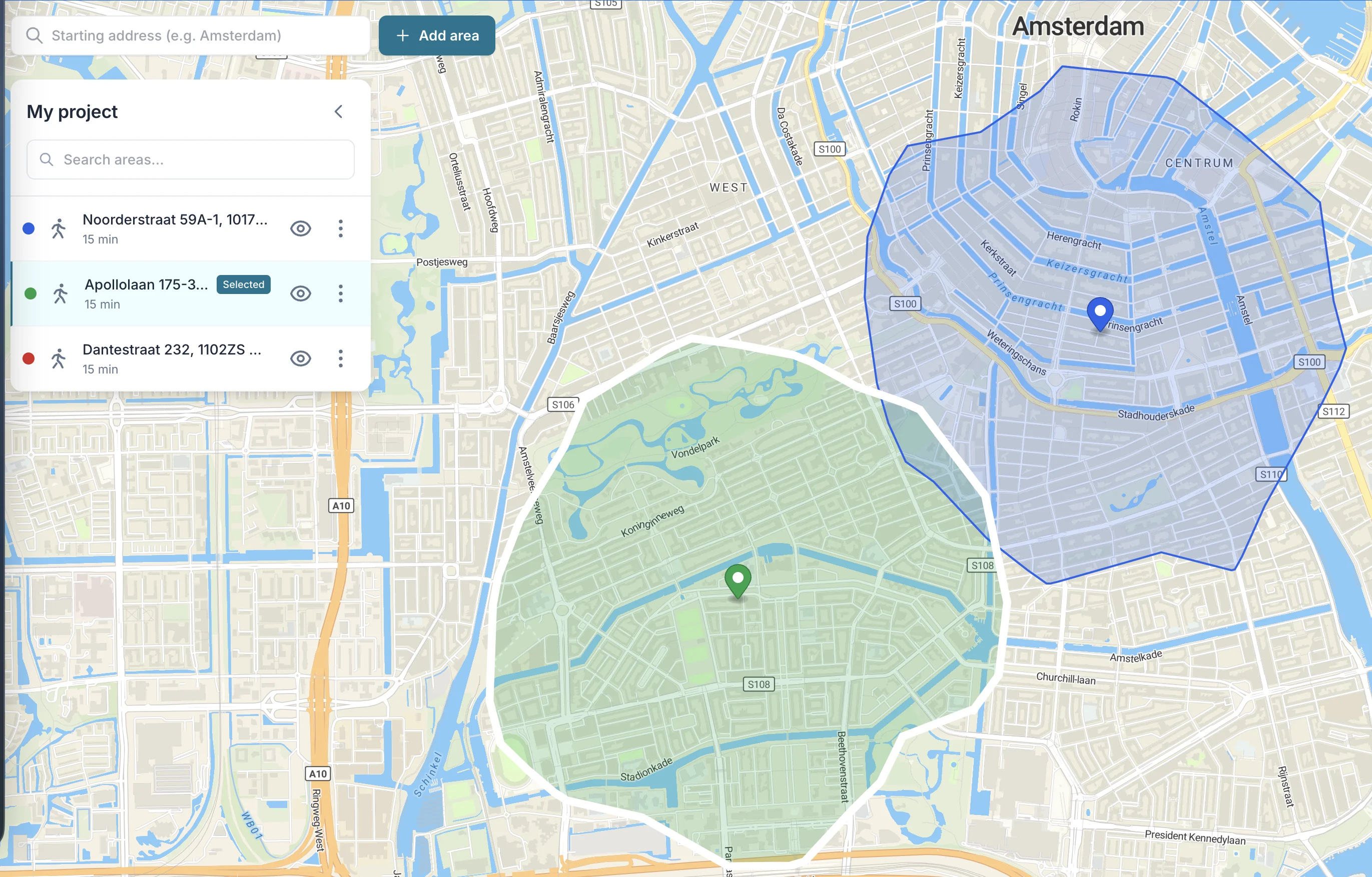 Zone drawing on the map — radius and isochrone examples